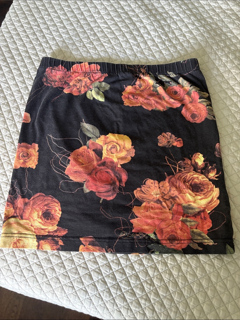 Insight Black Mini Skirt with Orange and Yellow Rose Print